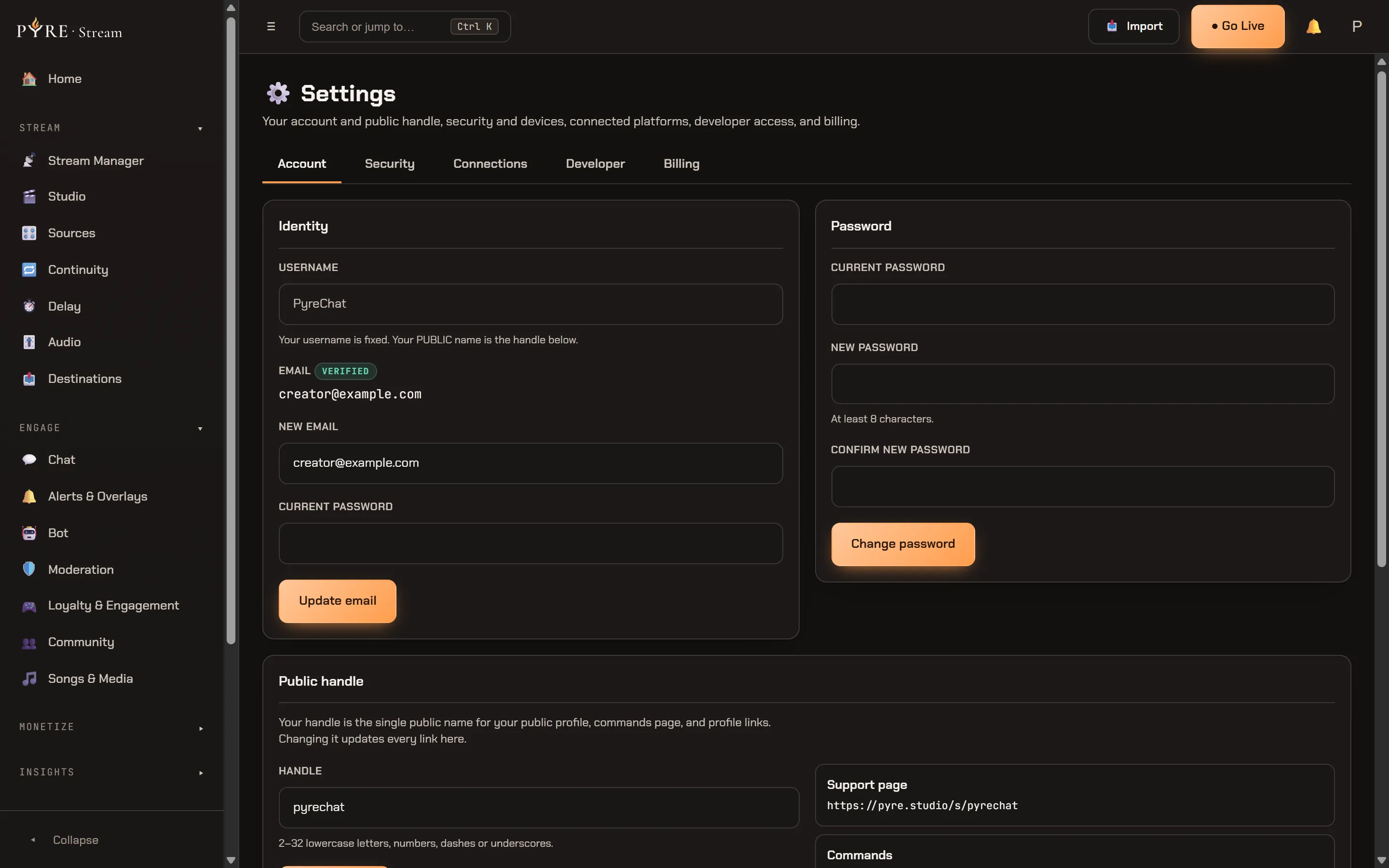 The Account tab of Settings, with the five tabs Account, Security, Connections, Developer and Billing across the top. The Identity card holds a read only username, a verified email reading creator@example.com, a new email field and a current password field over an Update email button; the Password card beside it holds current, new and confirm fields over Change password. Below, the Public handle card shows the handle and the support page address it builds