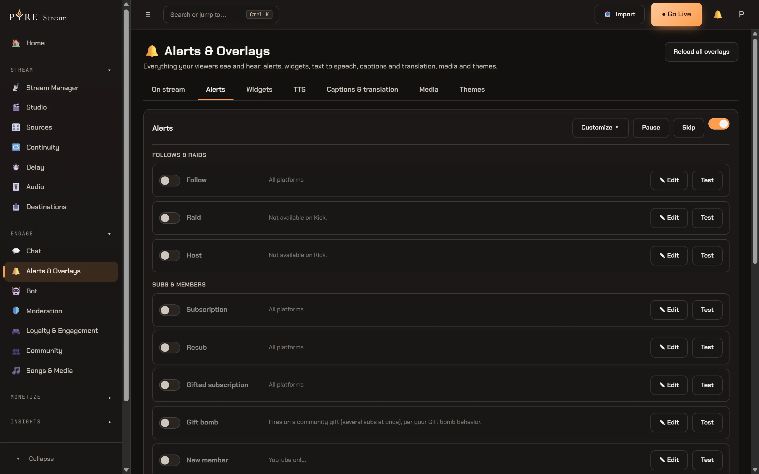 The Alerts tab of Alerts and Overlays, with Customize, Pause and Skip and a master switch in the card head, then the event types in their groups: Follow, Raid and Host under Follows and raids, Subscription, Resub, Gifted subscription, Gift bomb and New member under Subs and members. Each row is switched off and carries a platform note such as All platforms, Not available on Kick or YouTube only, with Edit and Test buttons beside it