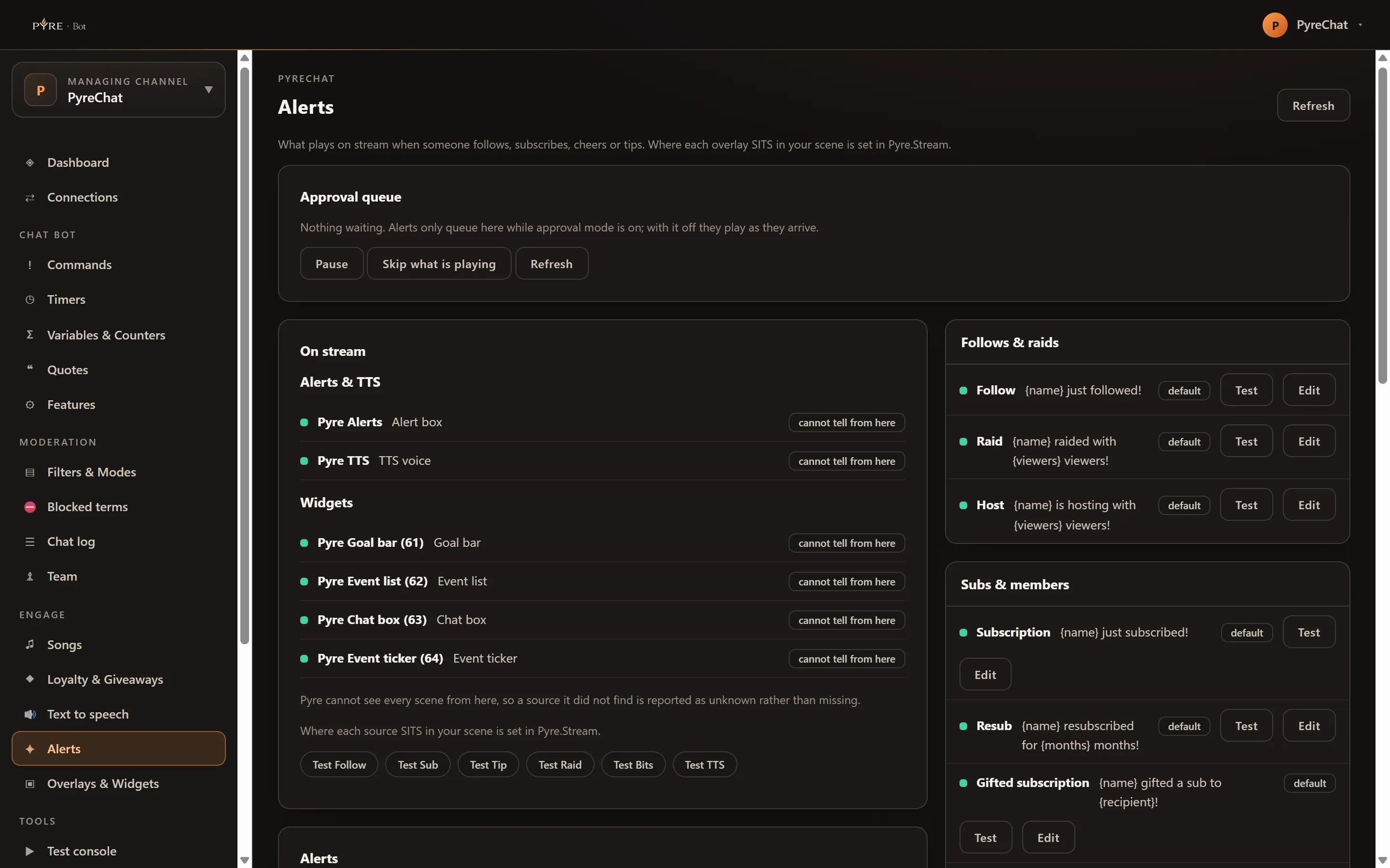 The Alerts page with an empty Approval queue, an On stream card listing Pyre Alerts, Pyre TTS and four widget sources each marked cannot tell from here, a row of Test Follow, Test Sub, Test Tip, Test Raid, Test Bits and Test TTS buttons, and Follows & raids and Subs & members cards whose rows all read default
