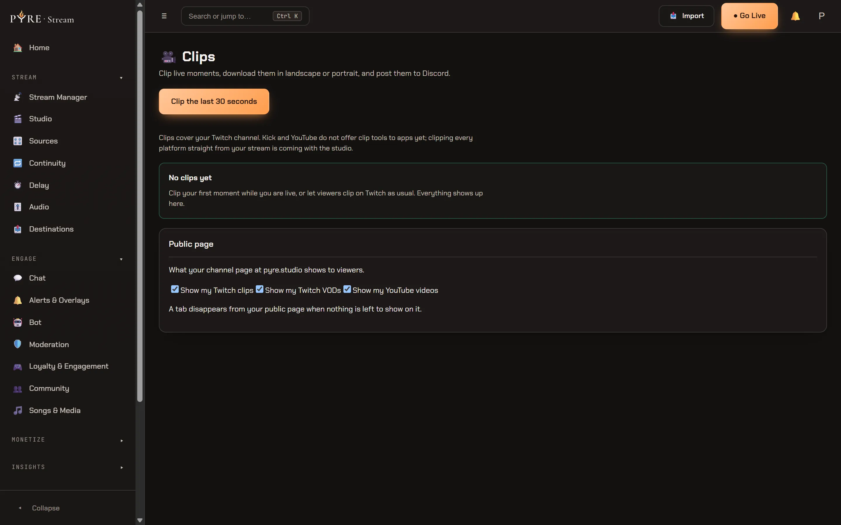 The Clips page on a channel that has never clipped anything: the Clip the last 30 seconds button at the top, the line saying clips cover your Twitch channel and that Kick and YouTube offer no clip tools to apps, an empty library card reading No clips yet, and under it the Public page card with Show my Twitch clips, Show my Twitch VODs and Show my YouTube videos all ticked
