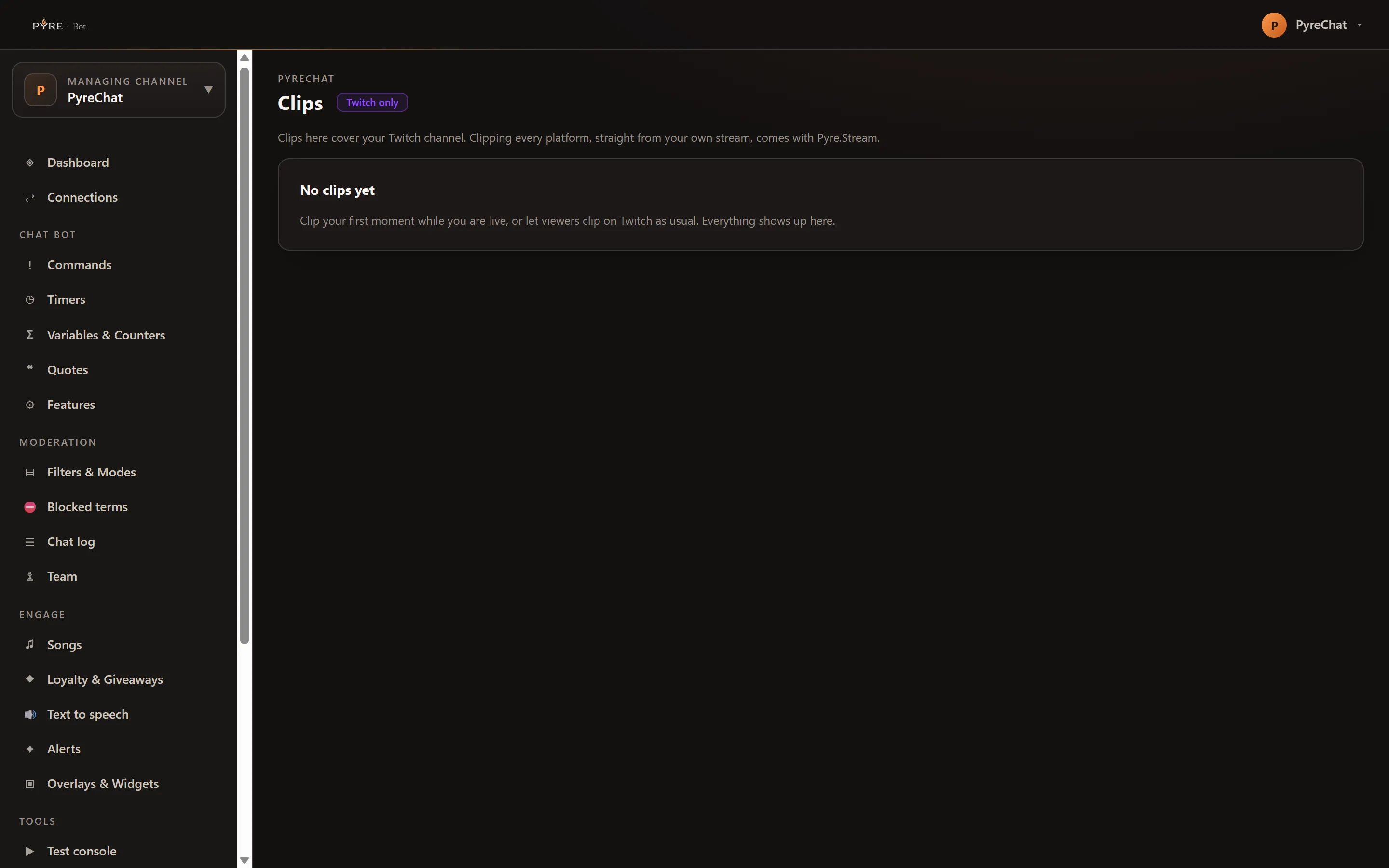 The Clips page with a Twitch only chip beside the heading, the line reading Clips here cover your Twitch channel and that clipping every platform comes with Pyre.Stream, and one empty card reading No clips yet, clip your first moment while you are live