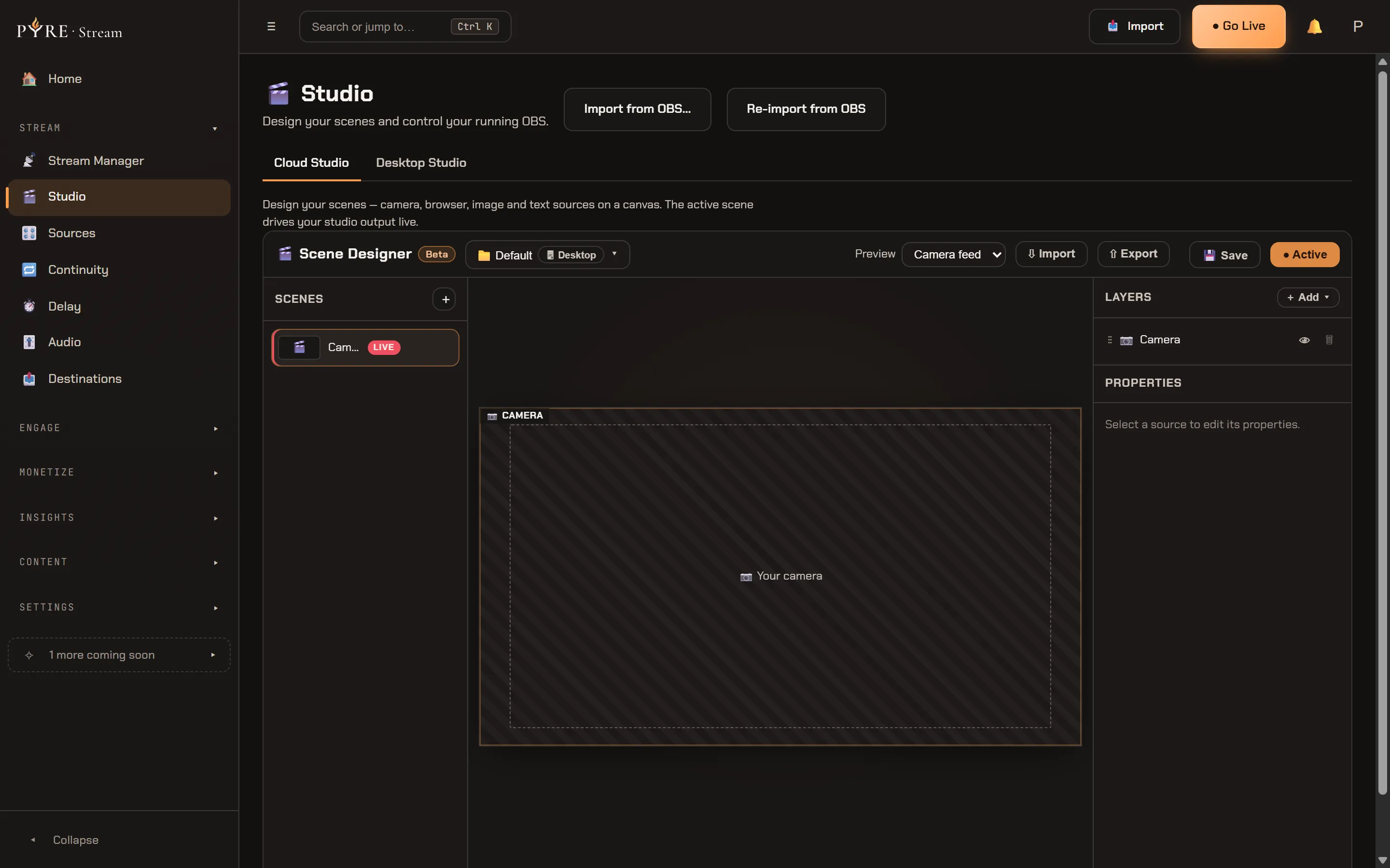 The Studio page on its Cloud Studio tab, with Import from OBS and Re-import from OBS in the header: the Scene Designer marked Beta, a Scenes column holding one scene badged LIVE, a canvas with a single empty Camera placeholder reading Your camera, and a Layers panel listing that one Camera source beside a Properties panel asking you to select a source