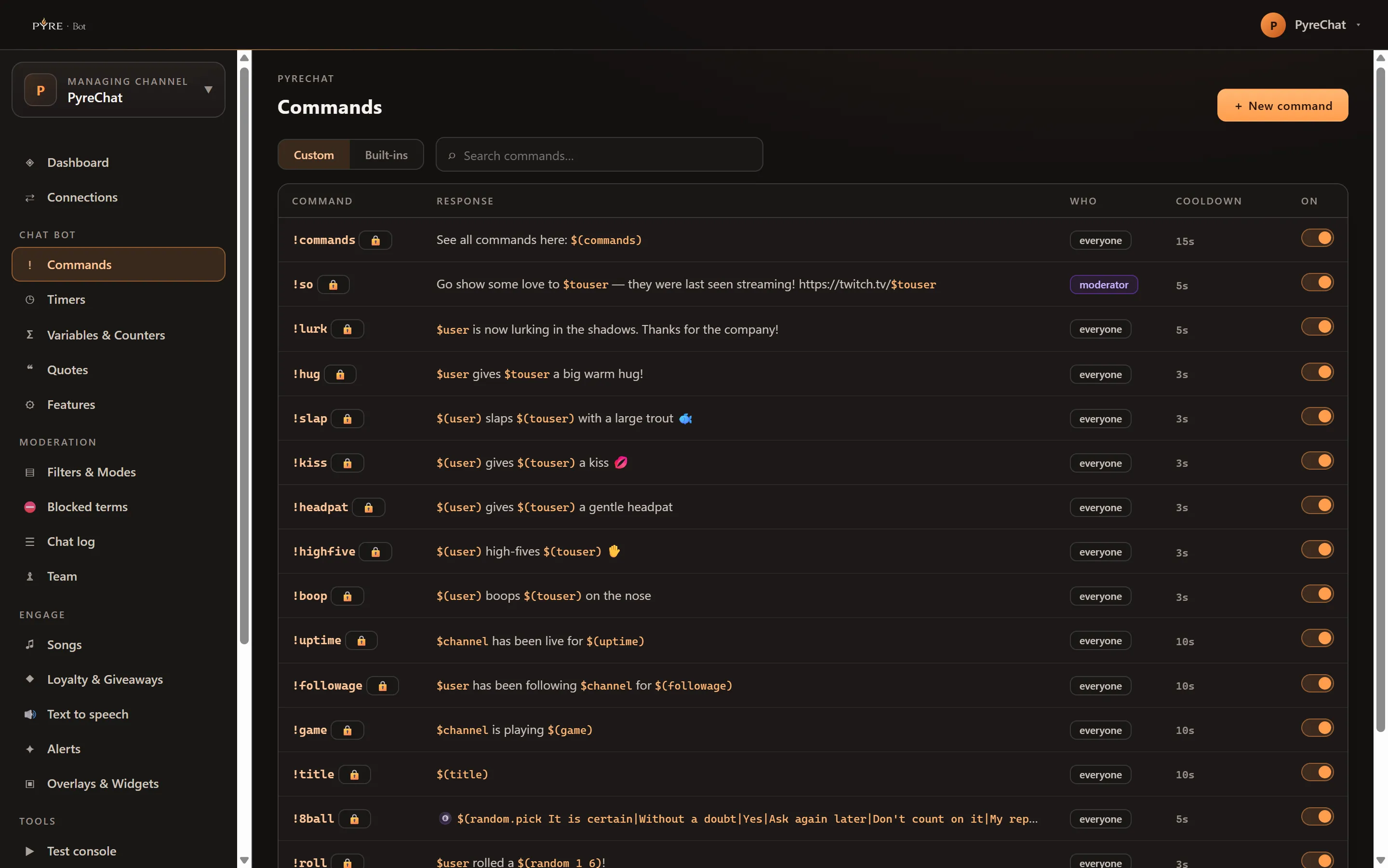 The Commands page on the Custom tab, with a New command button and a search box above a table of Command, Response, Who, Cooldown and On columns, listing shipped commands such as !commands, !so, !lurk and !uptime, each with a padlock chip marking it protected