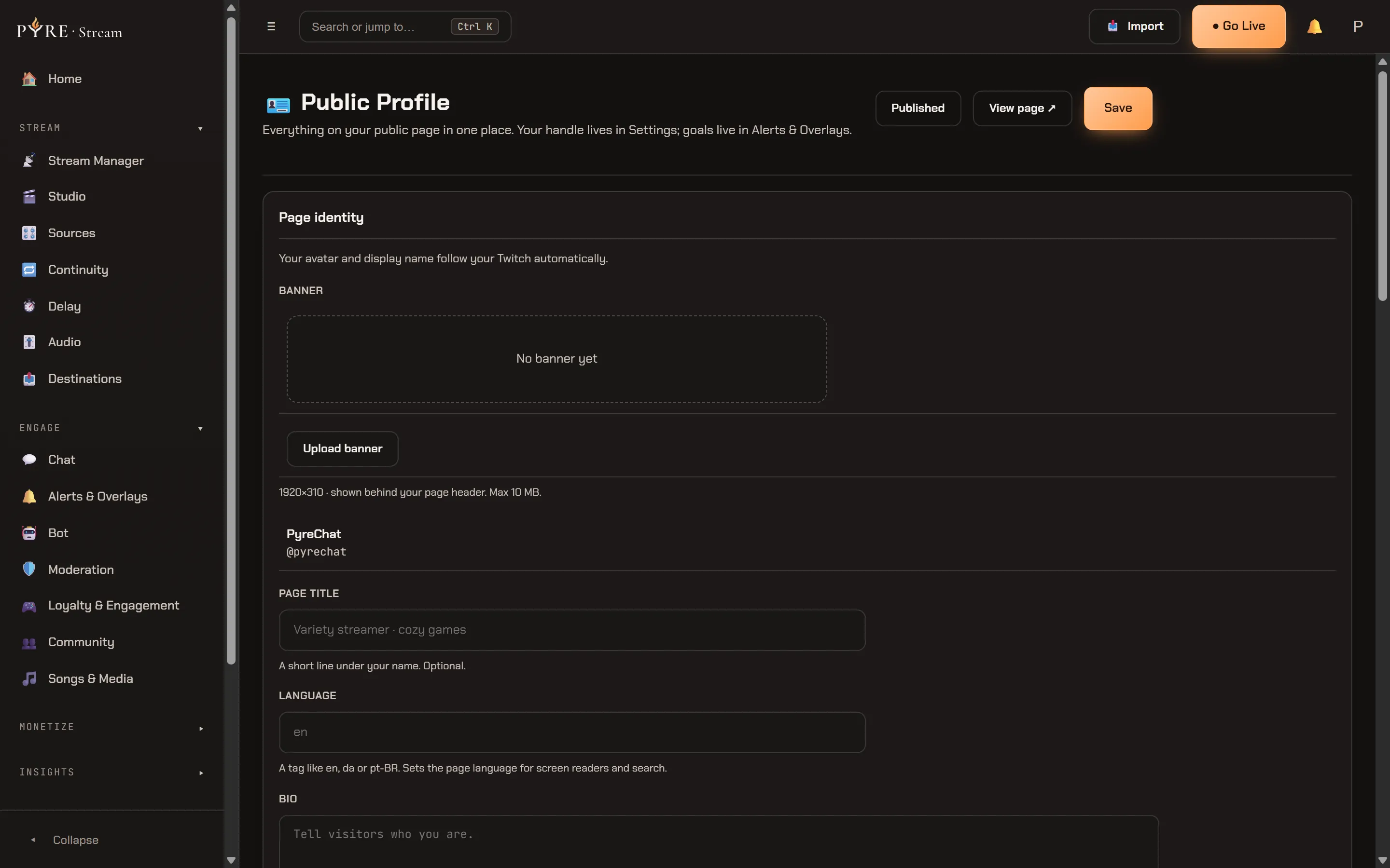 The Public Profile editor with Published, View page and Save in its header, open on the Page identity card: the note that your avatar and display name follow your Twitch, an empty banner slot reading No banner yet above an Upload banner button and the 1920 by 310 and 10 MB limits, the account's display name and at-handle, and empty Page title, Language and Bio fields with their placeholders