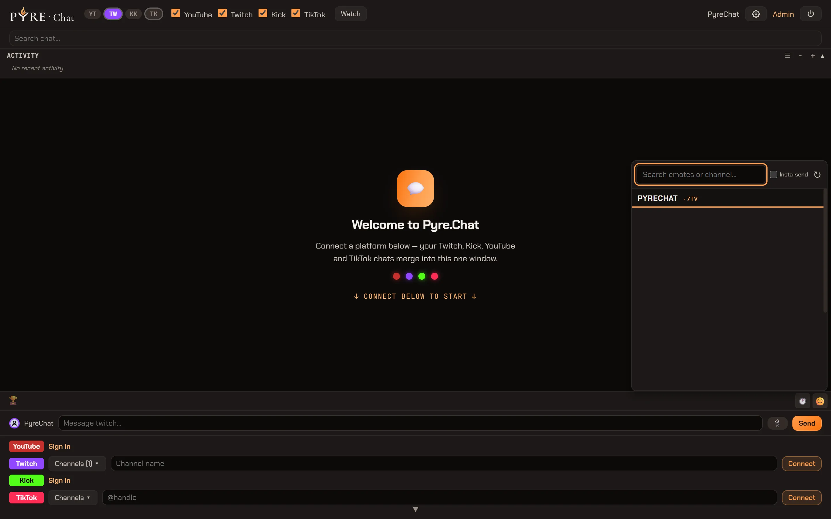 The emote picker open above the input rows, its header holding a Search emotes or channel field, an Insta-send checkbox and a reload button, with the first channel group heading below reading PYRECHAT and a 7TV section label