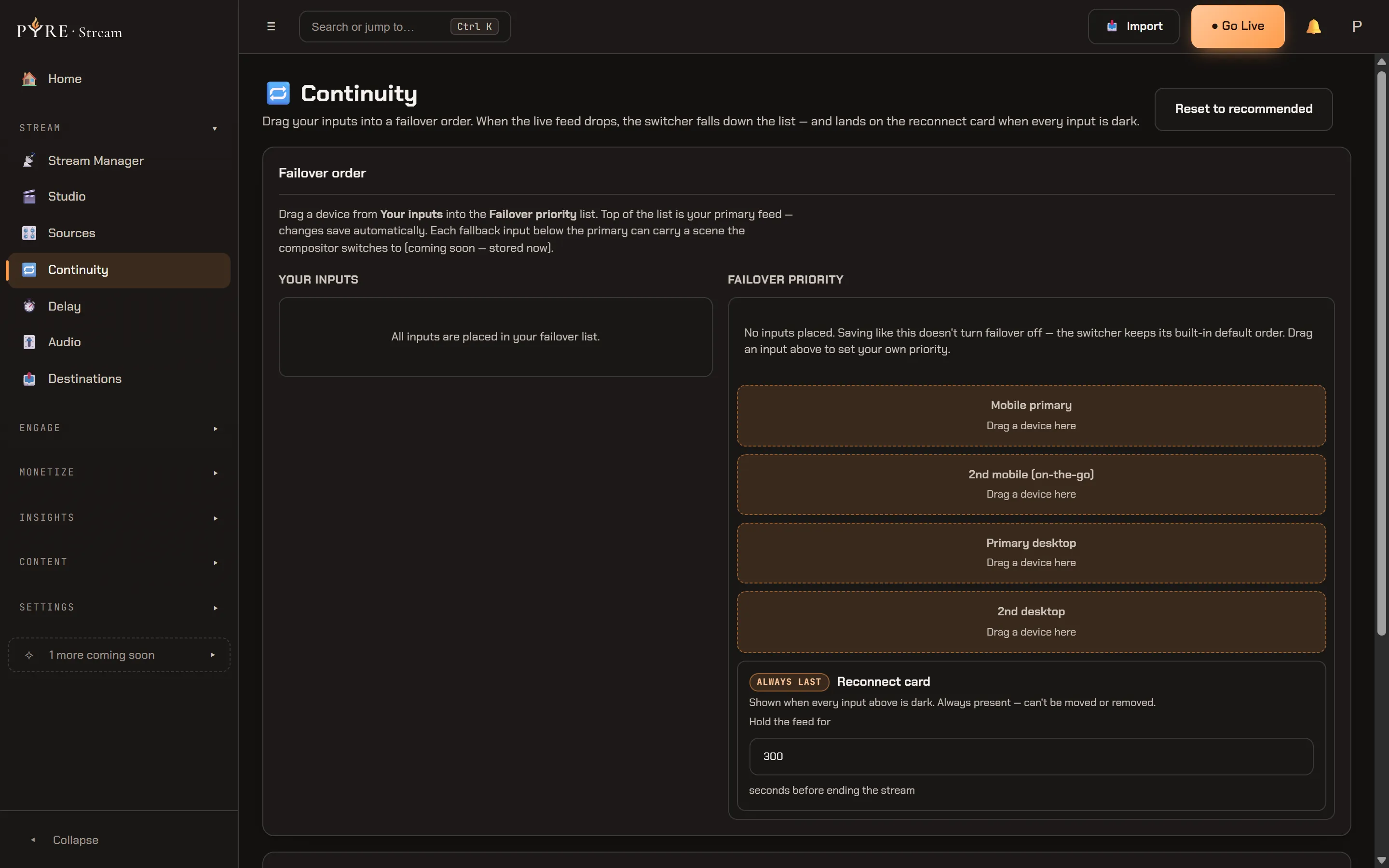 The Continuity page showing the Failover order card on an account with no devices: an empty Your inputs pool, a Failover priority column carrying the four recommended empty rows Mobile primary, 2nd mobile on-the-go, Primary desktop and 2nd desktop, each reading Drag a device here, and under them the pinned Reconnect card marked Always last with its hold time set to 300 seconds