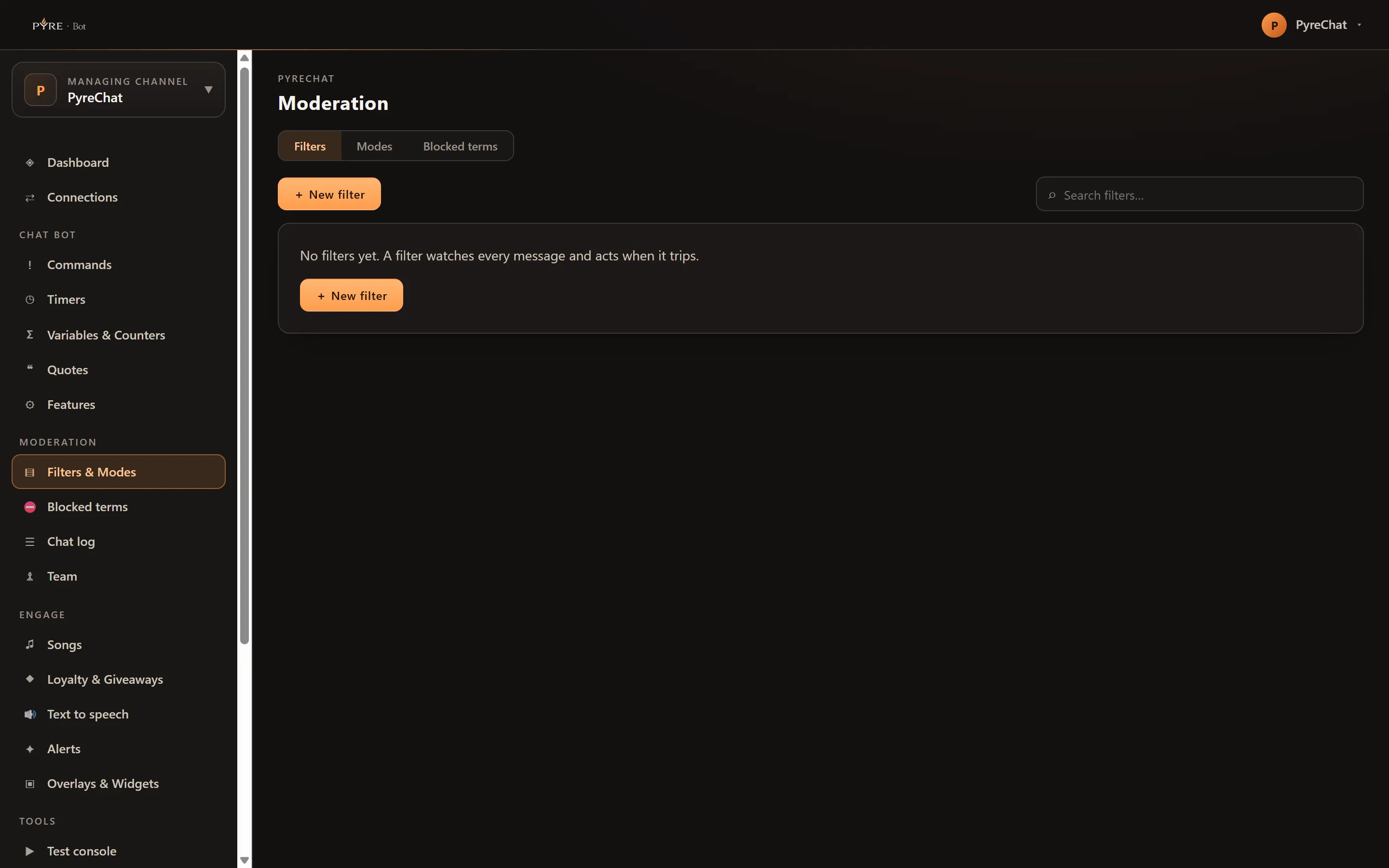 The Moderation page on the Filters tab, with Modes and Blocked terms as the other two tabs, a New filter button and a search box, and an empty card reading No filters yet, a filter watches every message and acts when it trips