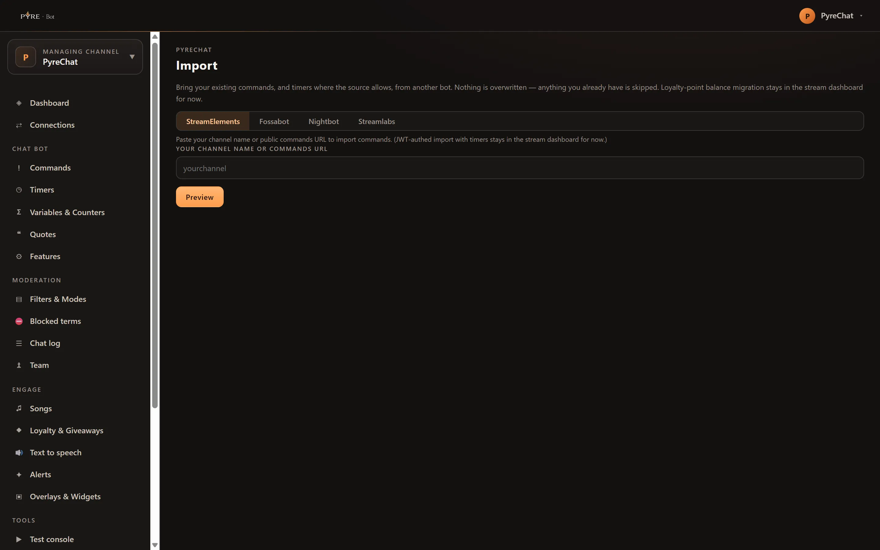 The Import page with the StreamElements tab selected out of StreamElements, Fossabot, Nightbot and Streamlabs, a note saying nothing you already have is overwritten, an empty Your channel name or commands URL field and a Preview button