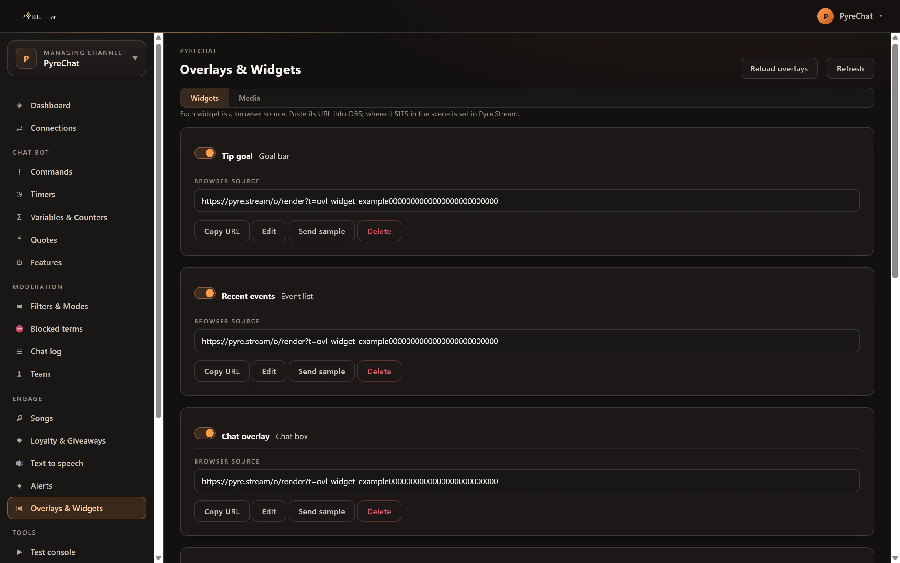 The Overlays & Widgets page on the Widgets tab, with Reload overlays and Refresh at the top, and the Tip goal, Recent events and Chat overlay rows that ship with the account, each switched on and carrying a read only browser source address with Copy URL, Edit, Send sample and Delete buttons