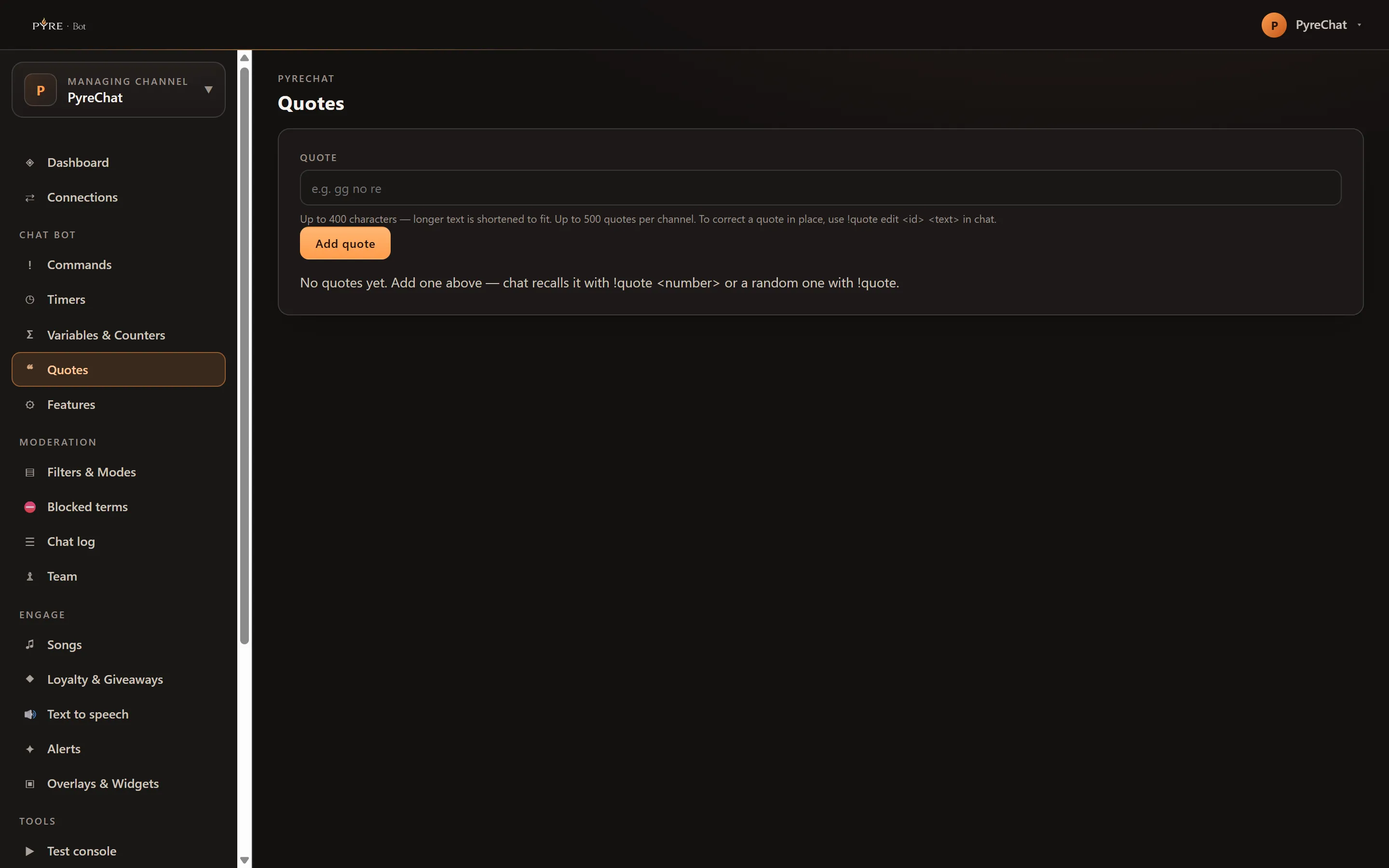 The Quotes page as one card, with an empty Quote field, a hint giving the 400 character and 500 quote limits and the chat syntax for editing one in place, an Add quote button, and a line reading No quotes yet