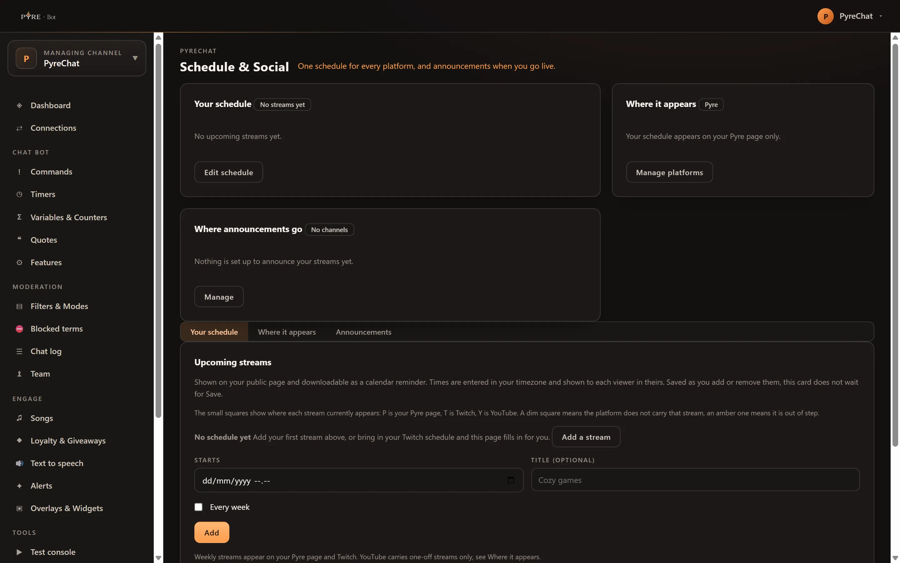 The Schedule & Social page with three summary cards reading Your schedule with no streams yet, Where it appears carrying Pyre only, and Where announcements go with no channels, above the three tabs with Your schedule open on an Upcoming streams card whose Starts and Title fields are empty