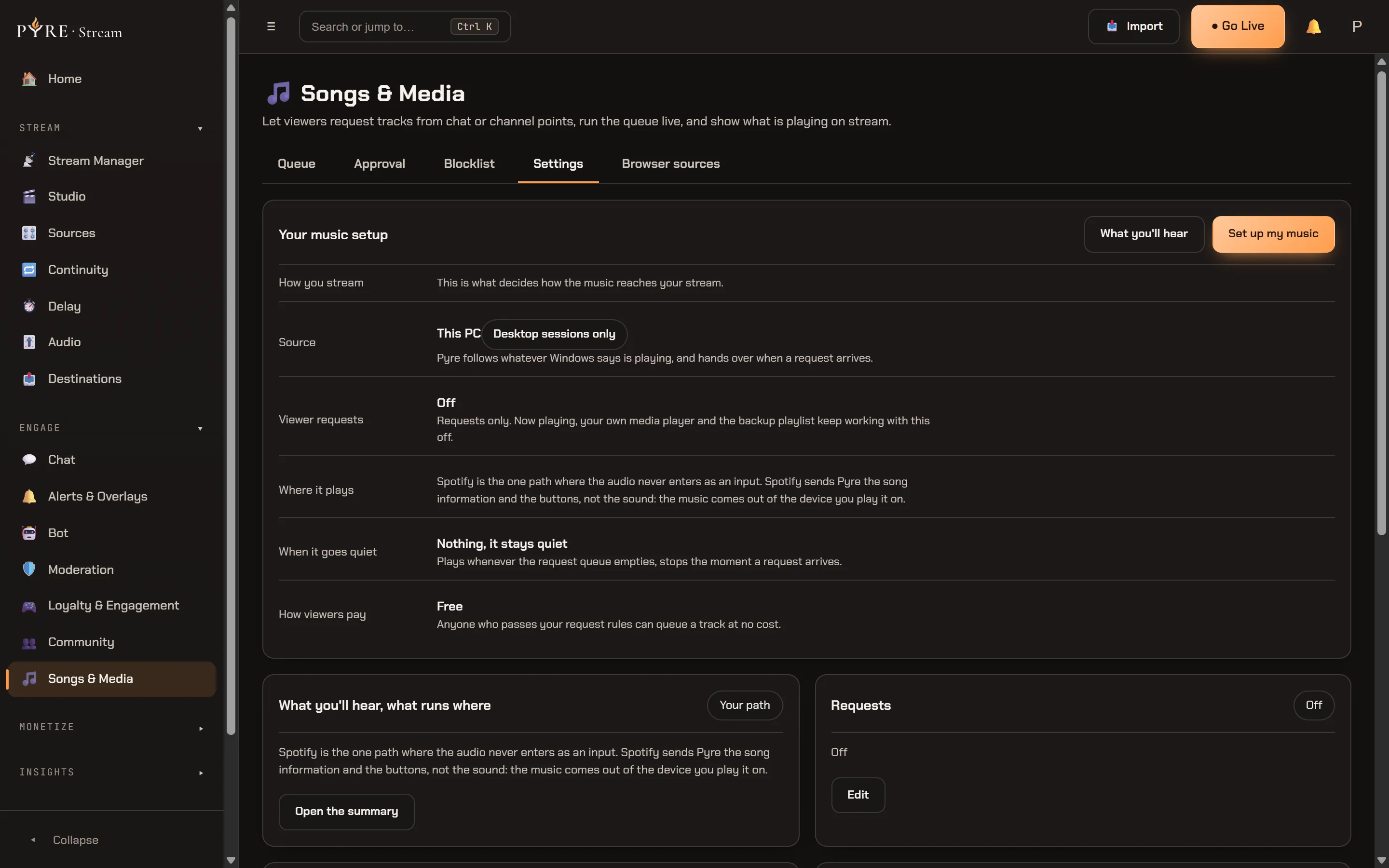 The Settings tab of Songs and Media, showing the Your music setup card with What you'll hear and Set up my music in its header and its six rows: How you stream, Source reading This PC and chipped Desktop sessions only, Viewer requests Off, Where it plays, When it goes quiet reading Nothing, it stays quiet, and How viewers pay reading Free. Under it the What you'll hear, what runs where and Requests section cards
