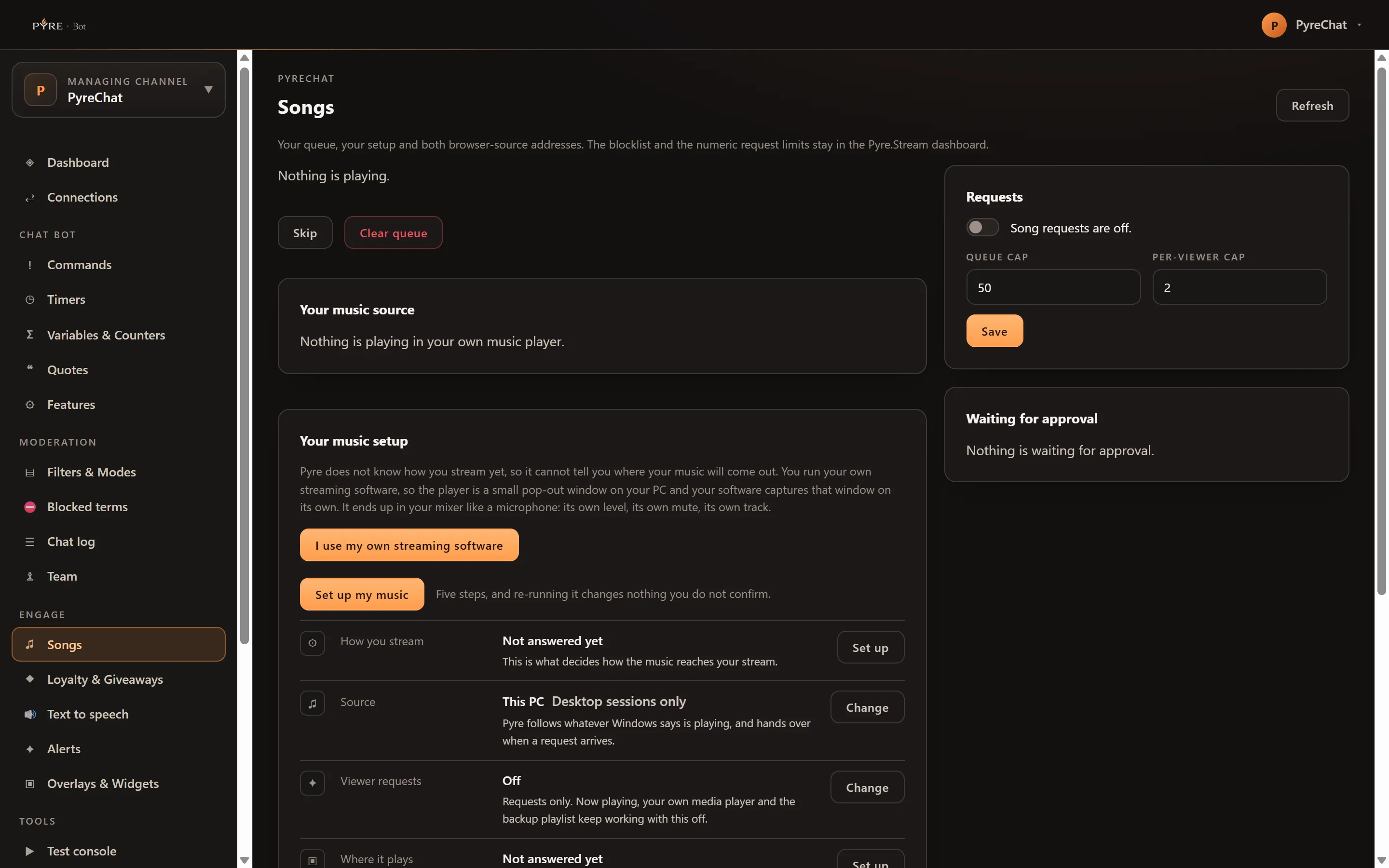 The Songs page with nothing playing, Skip and Clear queue buttons, a Your music source card, a Your music setup card offering I use my own streaming software and Set up my music over rows for How you stream, Source, Viewer requests and Where it plays, a Requests card with song requests off and caps of 50 and 2, and a Waiting for approval card that is empty
