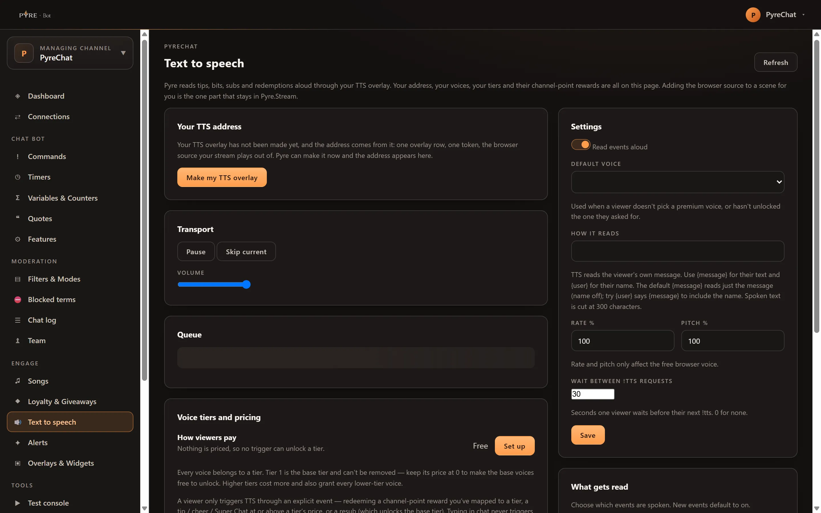 The Text to speech page before an overlay exists, with a Your TTS address card offering Make my TTS overlay, a Transport card holding Pause, Skip current and a volume slider, an empty Queue, the start of Voice tiers and pricing reading Free, and a Settings card with Read events aloud on, an unset default voice, and rate and pitch at 100