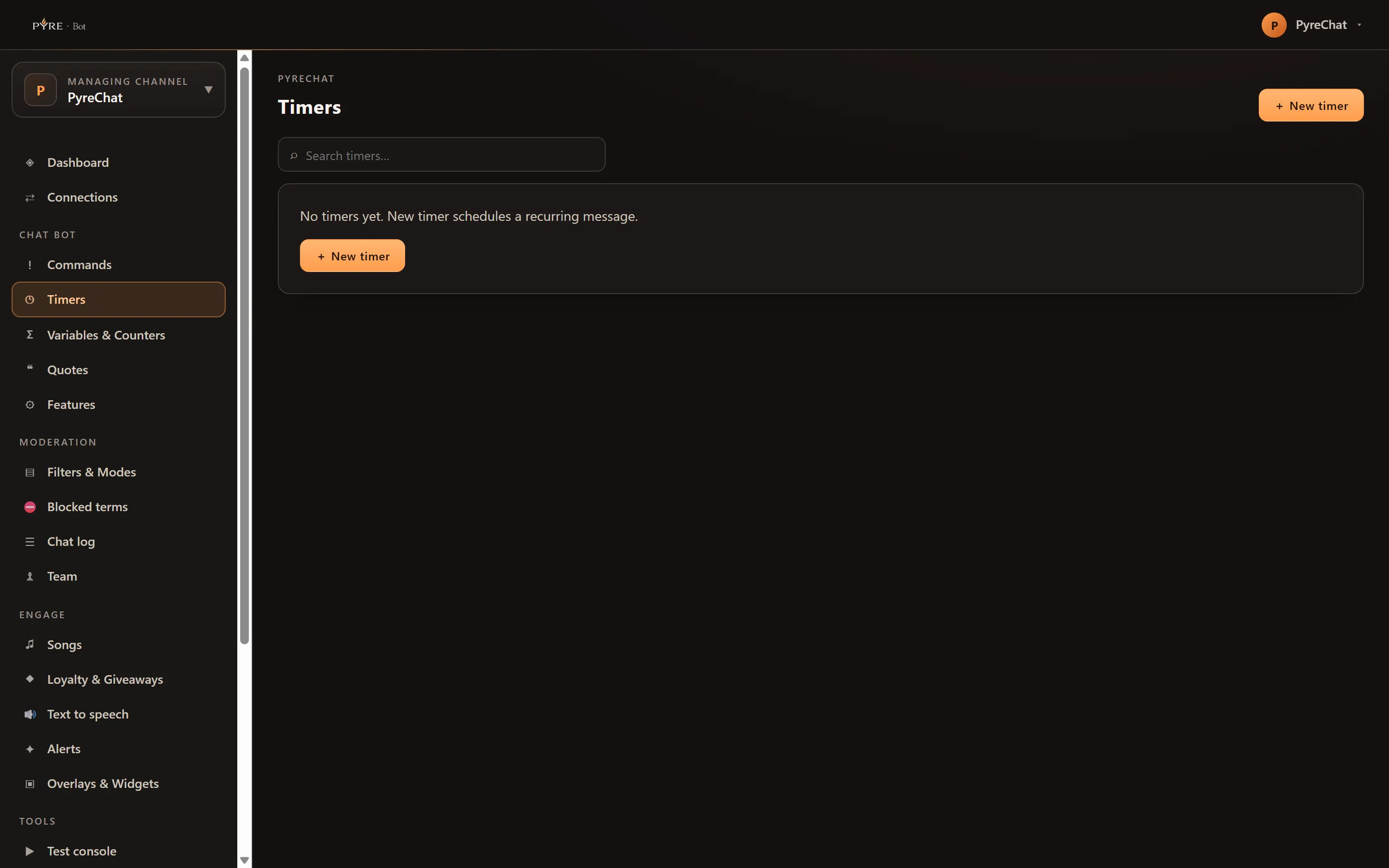 The Timers page before any timer exists, with a New timer button top right, a search box, and an empty card reading No timers yet, New timer schedules a recurring message, with its own New timer button