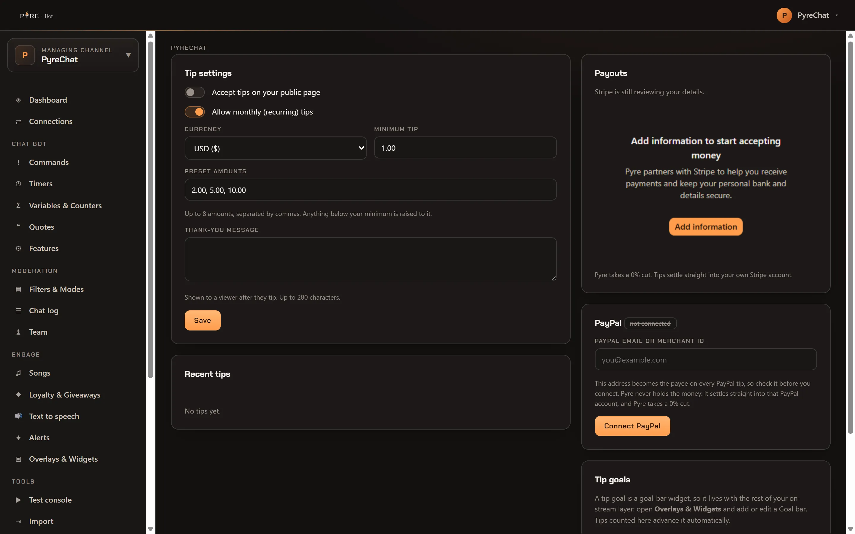 The Tips page with the Tip settings card on the left, Accept tips off and Allow monthly tips on, currency USD, minimum 1.00 and presets 2.00, 5.00, 10.00, and on the right a Payouts card reading Stripe is still reviewing your details above Stripe's own Add information banner, a PayPal card marked not connected with an empty PayPal email or Merchant ID field and a Connect PayPal button, and the start of a Tip goals card
