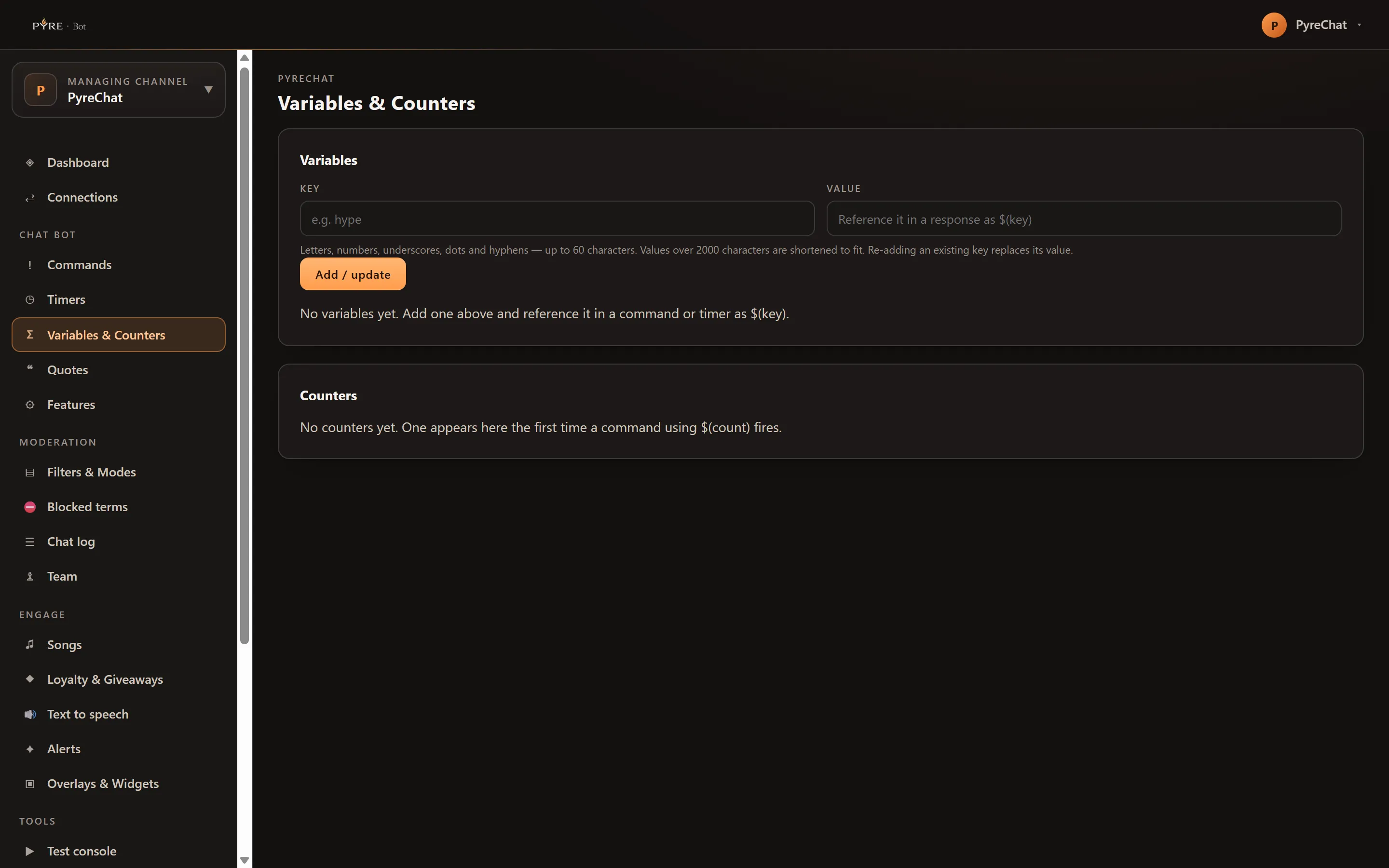 The Variables & Counters page with a Variables card holding empty Key and Value fields, the naming rules beneath them and an Add / update button over a line reading No variables yet, and a Counters card reading No counters yet, one appears the first time a command using the count variable fires