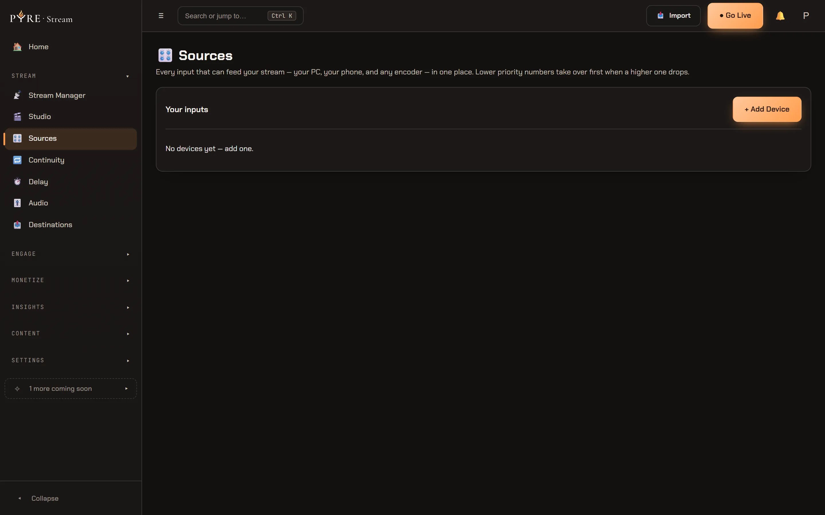 The Sources page as one card titled Your inputs, with an Add Device button at its top right and the empty state reading that there are no devices yet and to add one