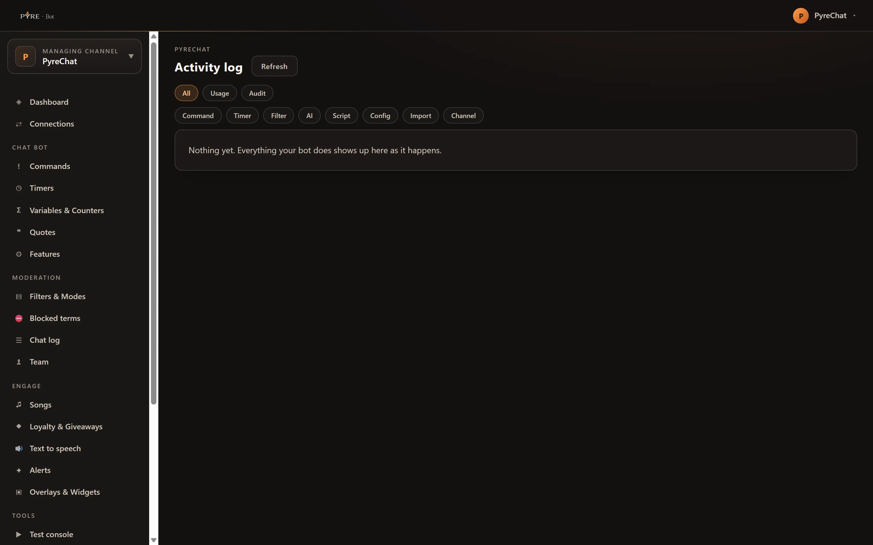 The Activity log with the class chips All, Usage and Audit on the first row and the kind chips Command, Timer, Filter, AI, Script, Config, Import and Channel on the second, over an empty list reading Nothing yet