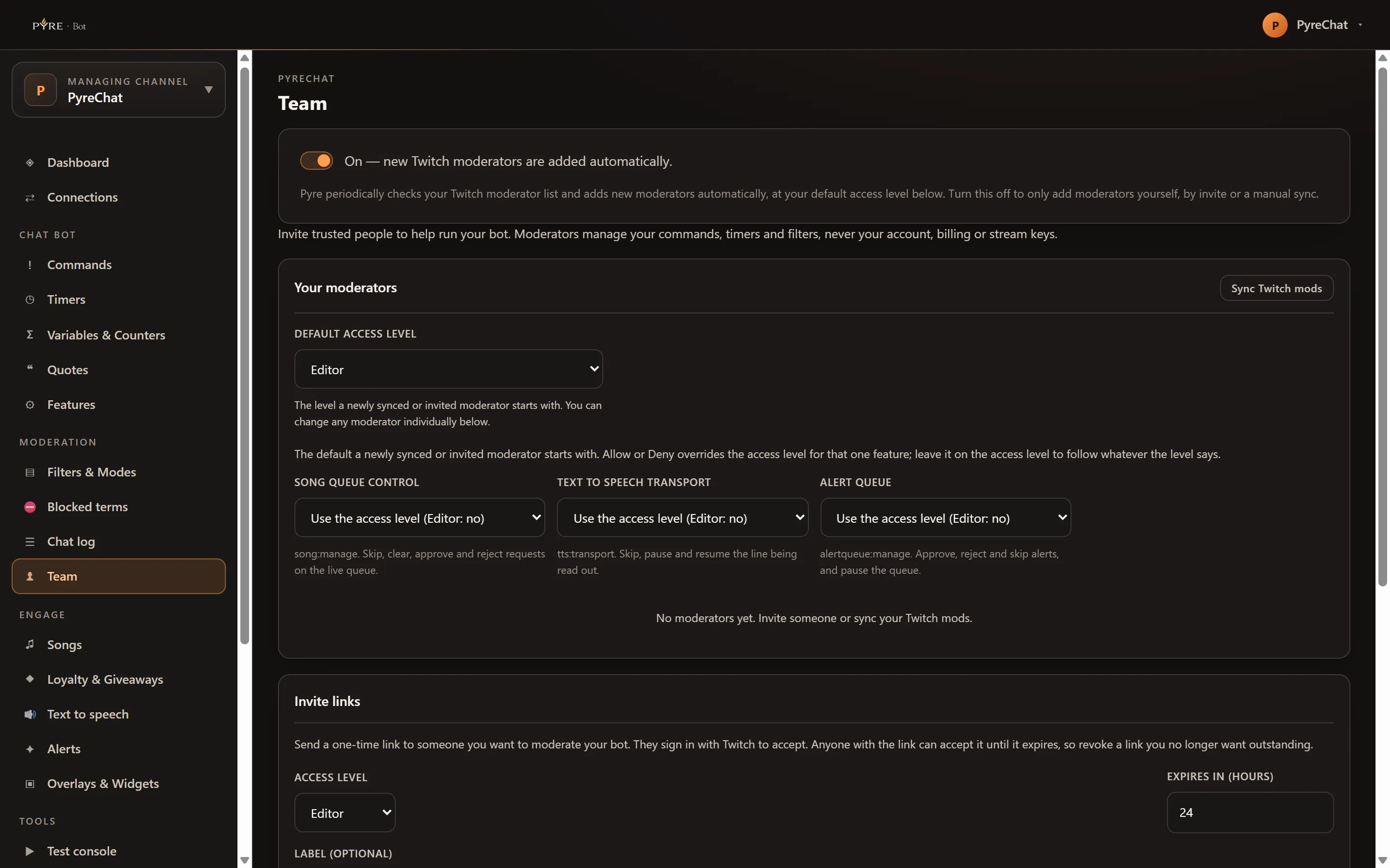 The Team page with the automatic Twitch moderator switch on, a Your moderators card whose default access level is Editor and whose three per feature overrides all read Use the access level, a roster reading No moderators yet, and the Invite links card below