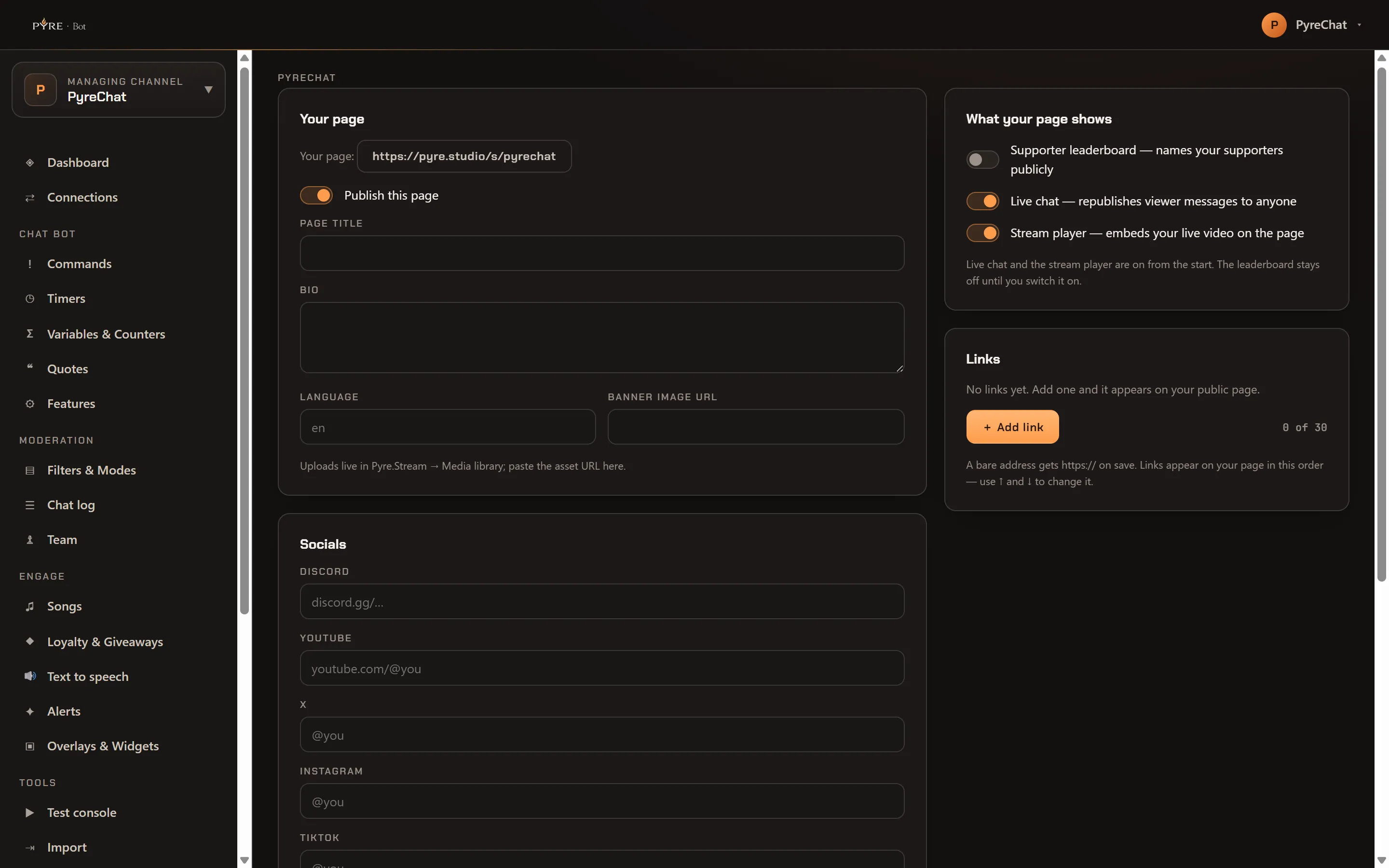 The Public profile page showing the Your page card with the address pyre.studio/s/pyrechat and Publish this page on, empty Page title, Bio, Language and Banner image URL fields, the start of the Socials card, a What your page shows card with Supporter leaderboard off and Live chat and Stream player switched on, and a Links card reading No links yet, 0 of 30 used