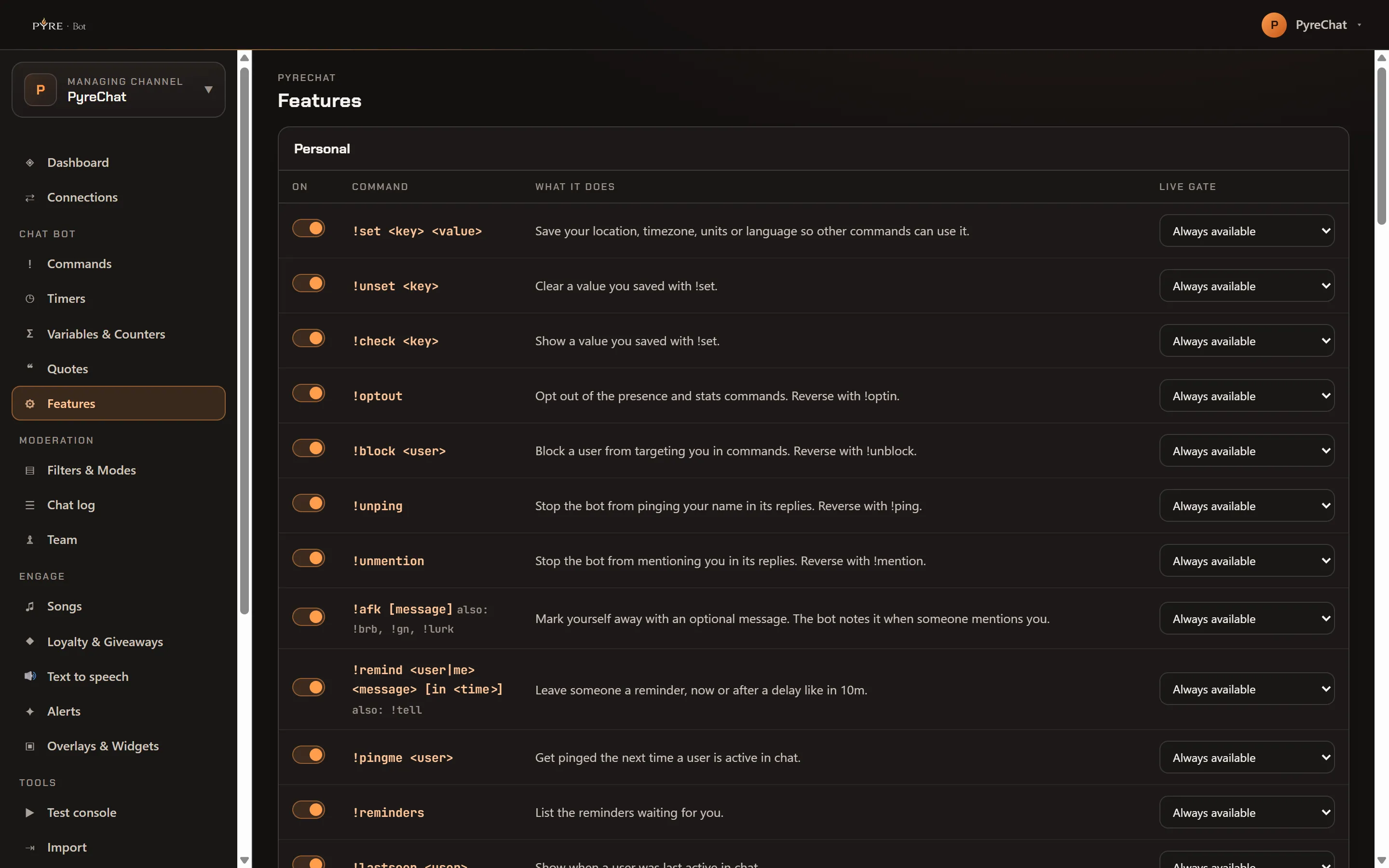 The Features page on a 1440px-wide window, one column, opening with the Personal card as a table of On, Command, What it does and Live gate columns, every switch on and every live gate reading Always available, listing !set, !unset, !check, !optout, !block, !unping, !unmention, !afk, !remind, !pingme and !reminders